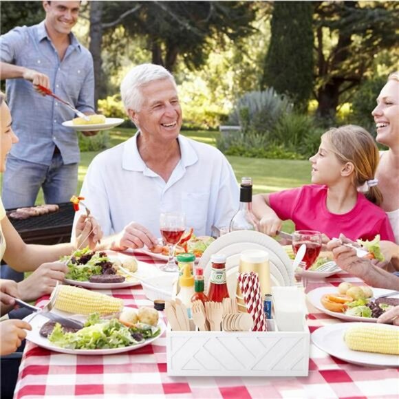 Wood Utensil Holder Paper Plate Cup Napkin Caddy Flatware Organizer for Party - Picture 2 of 8